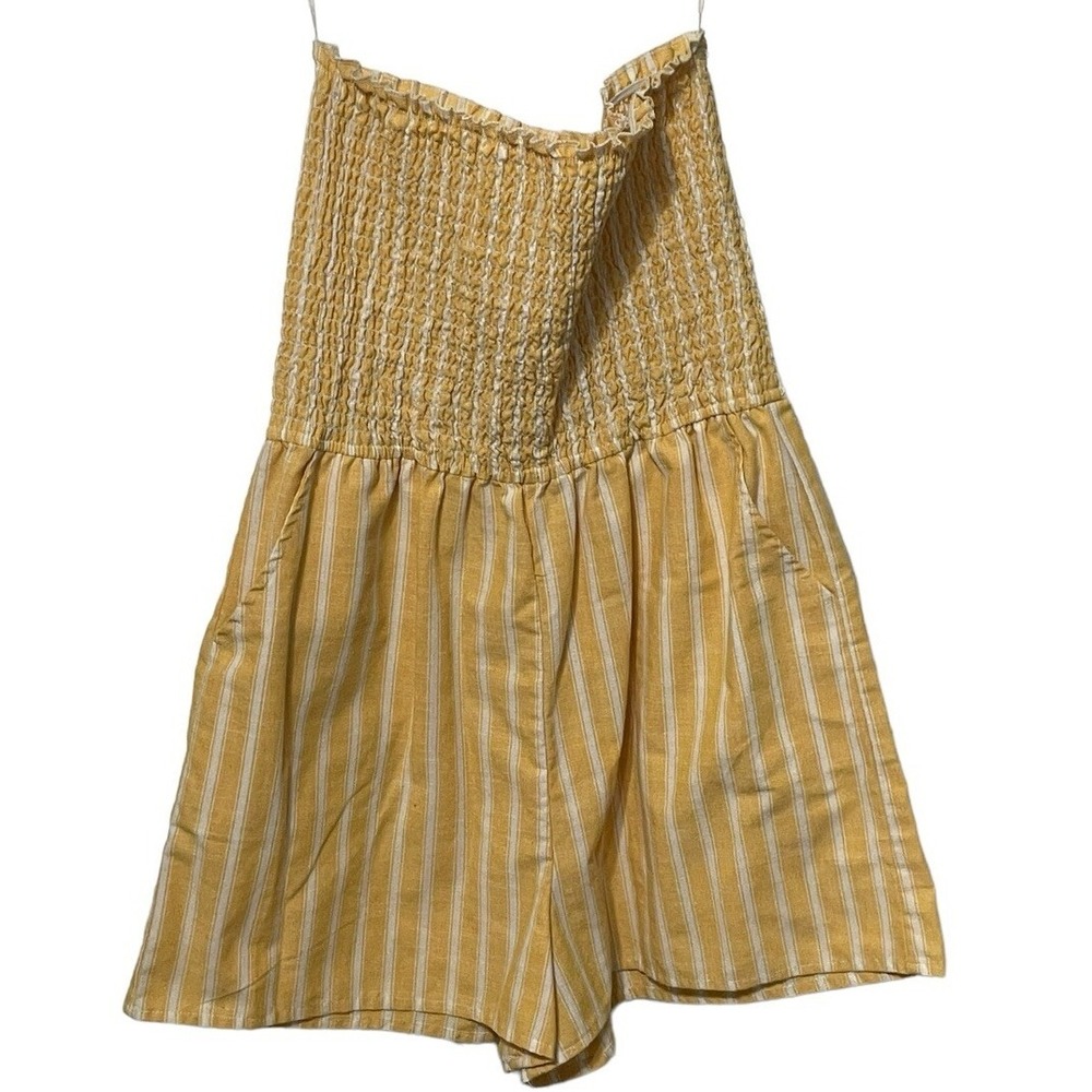 Love Tree Women's Medium Yellow Striped Mini Fit Romper Shorts Strapless Fitted